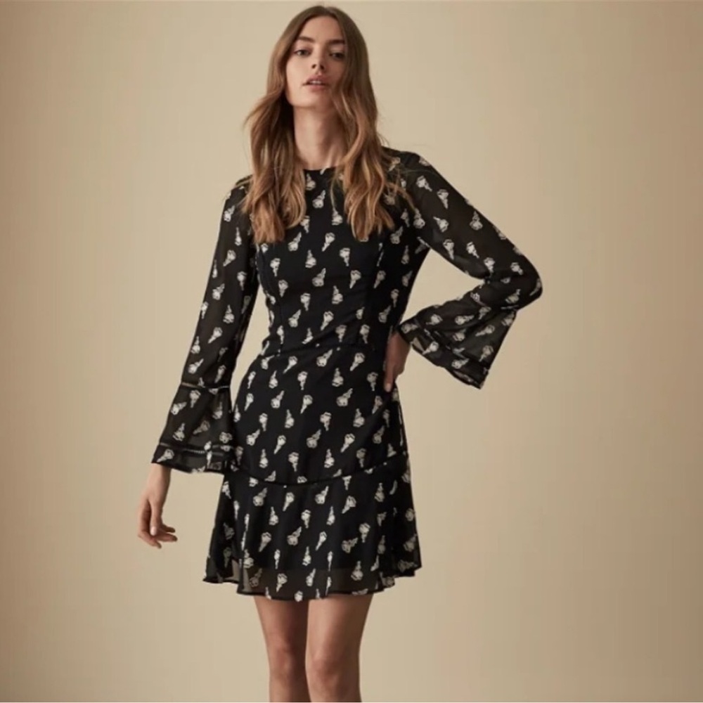 Reiss Yvette floral lace appliqué bell sleeve dress 10 black and white tea party